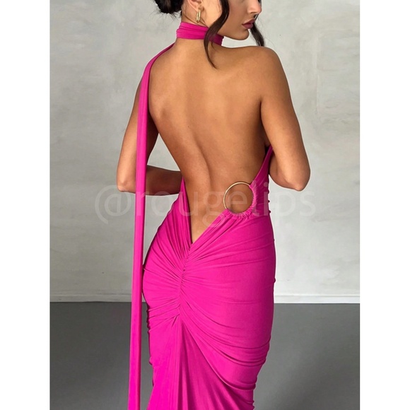 Hot Pink Maxi Long Sheath Dress Open Back, Backless - Picture 5 of 6